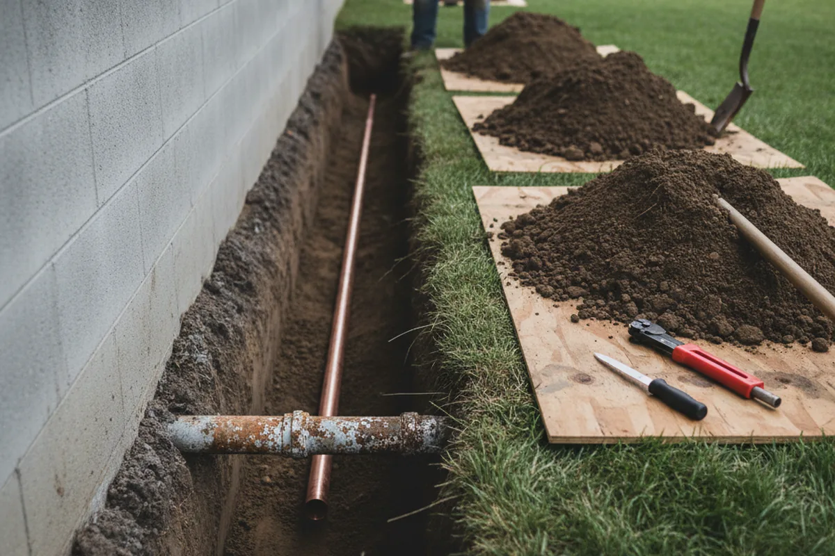 Excavated water line trench during Water Softener Installation in Dorchester